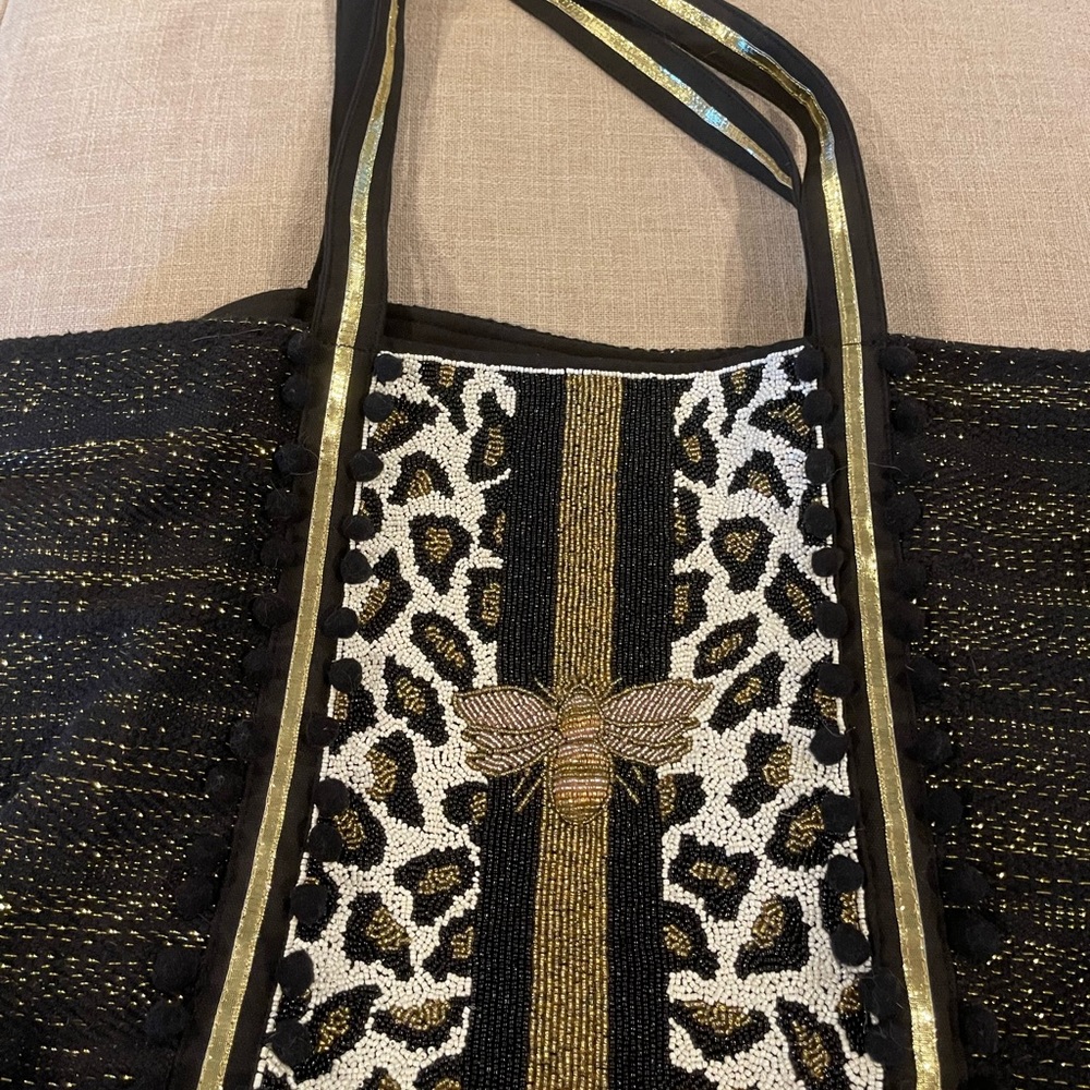 Large beaded bee tote bag